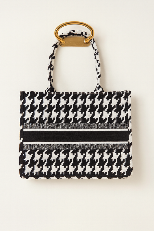 Borsa shopper pied-de-poule in tessuto con zip interna
